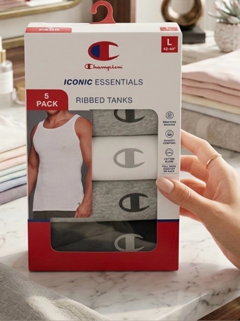 Champion 5-Pack Ribbed Tank Tops - White, Gray, Black size L